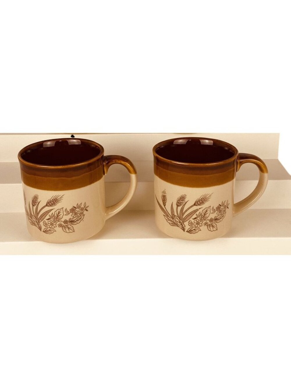 Vintage Stoneware Coffee Mugs with Floral & Wheat Design Brown Rim 8 Oz Capacity